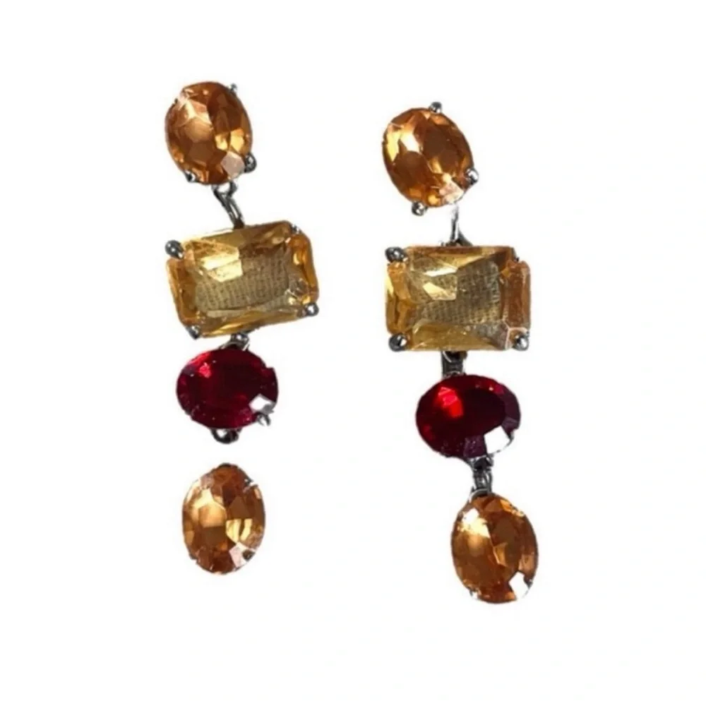 WHBM Crystal Necklace and Earring Set Ruby Red Topaz Brown Gold Silver